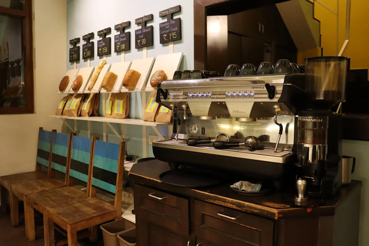 Warm bakery interior with wooden counter